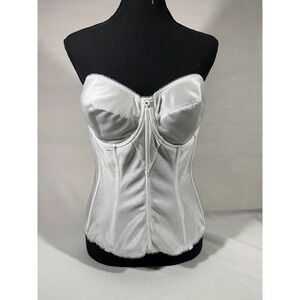 White Satin Strapless Corset Bustier Bra Lace Trim Rhinestone Flower Detail 36 D